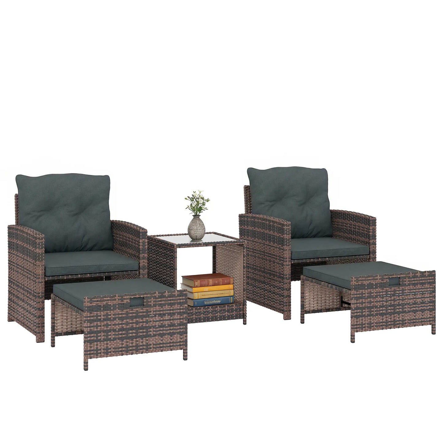 5 Piece Patio Furniture Set, Wicker Chairs, 2-Tier Glass Table, Brown/Dark Grey Patio Furniture Sets at Gallery Canada