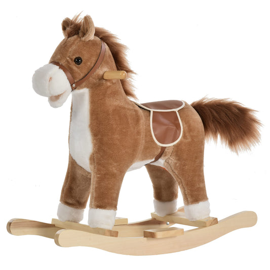 Rocking Horse Plush Animal on Wooden Rockers with Sounds, Wooden Base, Baby Rocking Chair for 36-72 Months, Brown - Gallery Canada