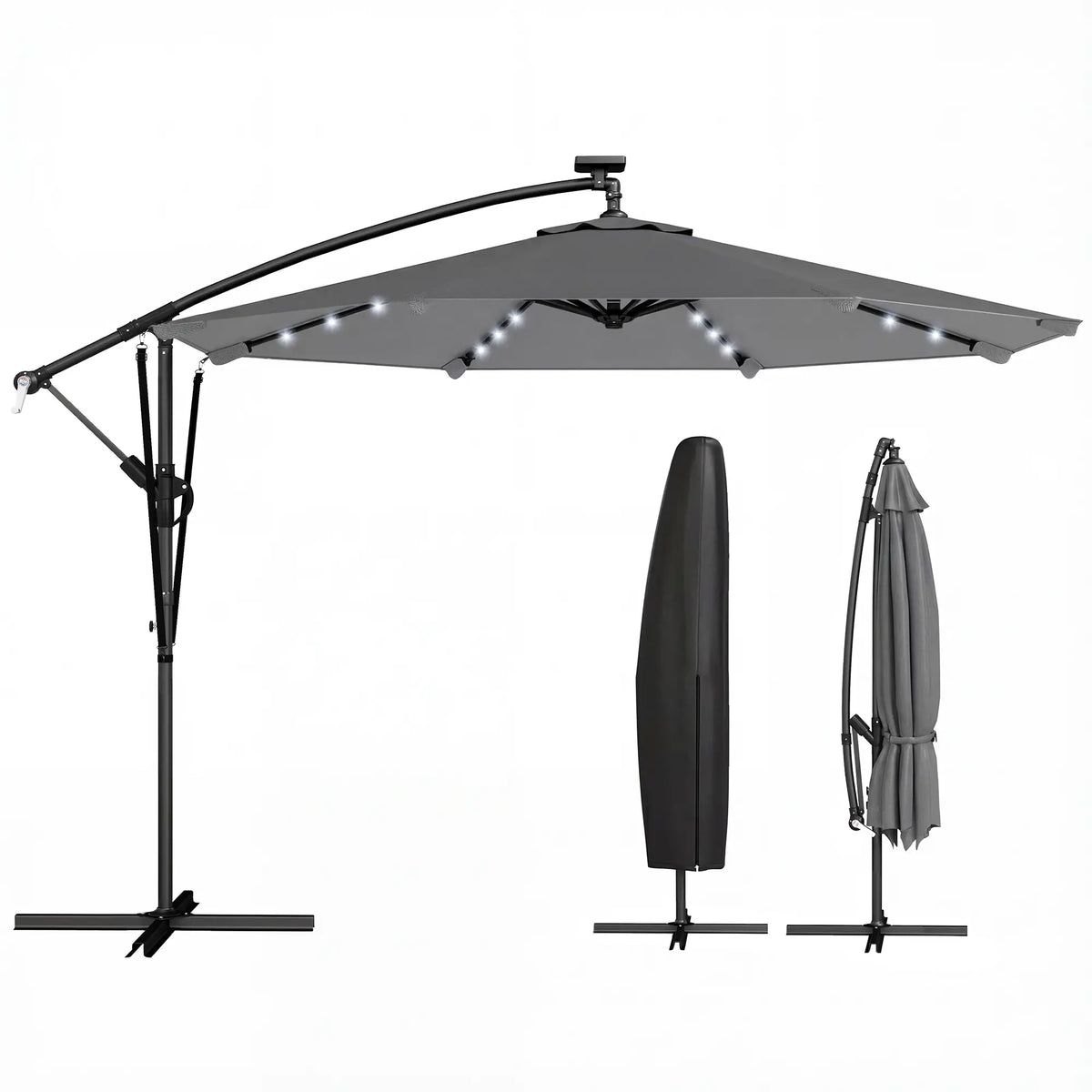 9.7ft Solar LED Cantilever Patio Umbrella, 32 LED Lights, Cross Base, Crank Handle, Dark Grey Offset Cantilever Umbrellas at Gallery Canada