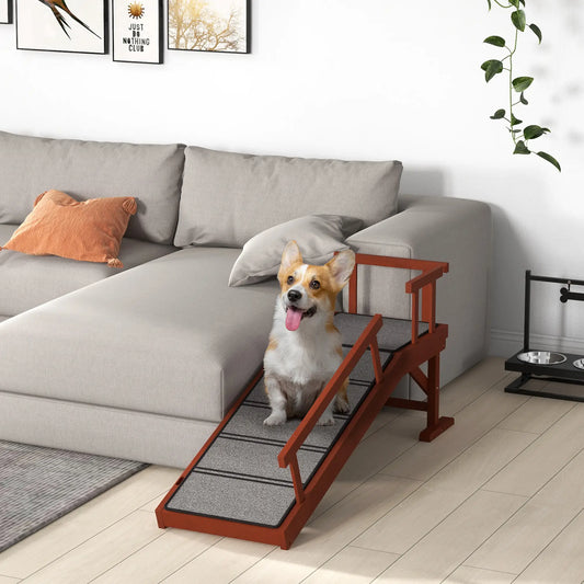 Wooden Dog Ramp, 49" Long, Non-Slip Rug, Removable Guardrails, Brown Dog Stairs Brown and grey at Gallery Canada