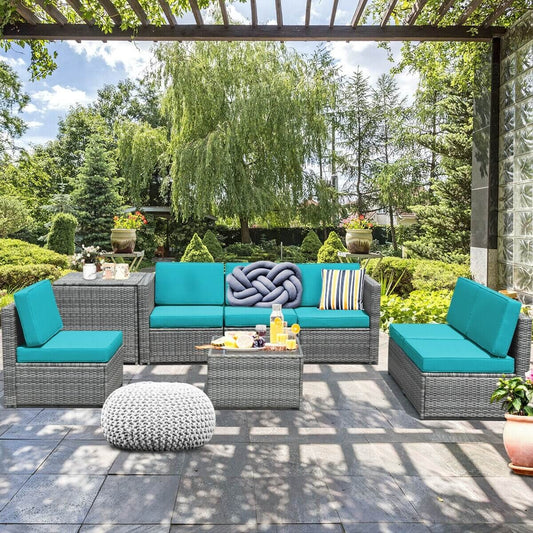 8 Piece Wicker Rattan Patio Dining Set, With Storage Table, Turquoise Outdoor Sectionals Turquoise at Gallery Canada