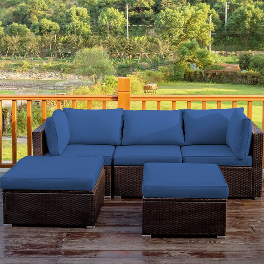 5 Pieces Patio Rattan Sofa Set with Cushion and Ottoman, Navy Outdoor Sectionals Navy at Gallery Canada