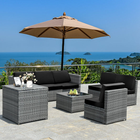 8 Piece Wicker Rattan Dining Set, With Storage Table, Black Outdoor Sectionals Black at Gallery Canada