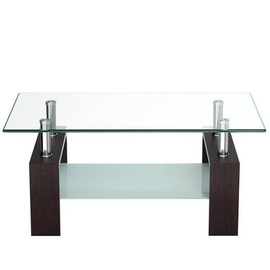 Rectangular Tempered Glass Coffee Table with Shelf, Brown at Gallery Canada