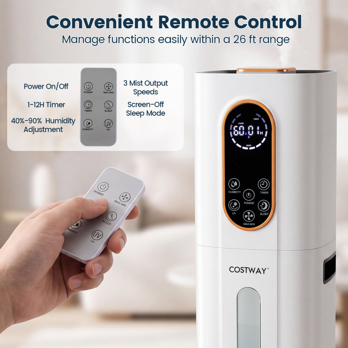 2.4 Gal Cool Mist Humidifier, 3 Mist Levels, Remote, Oil Diffuser, White