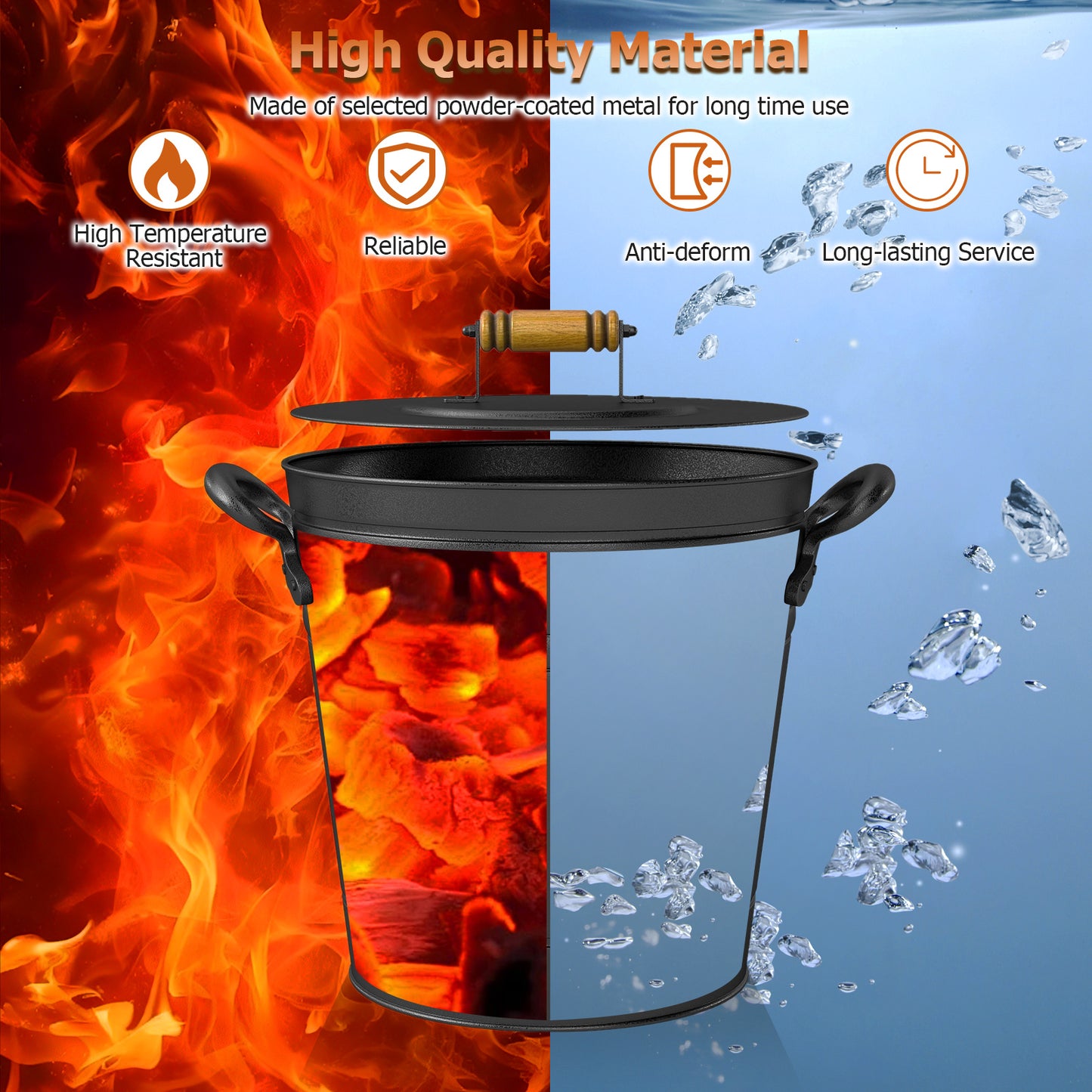 2.9 Gallon Metal Coal Ash Can with Wooden Lid and Side Grips for Fireplace Fire Pits