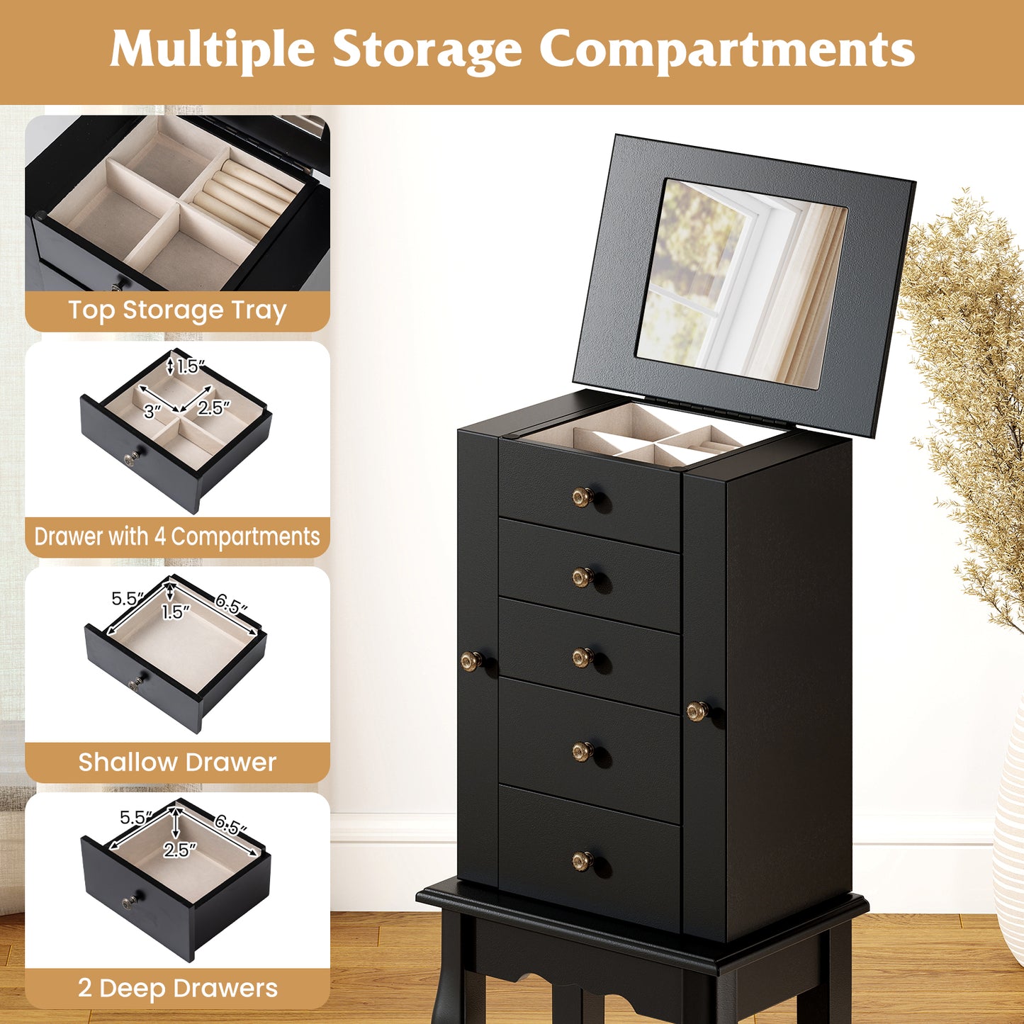 2 Colors Armoire Storage Standing Jewelry Cabinet with Mirror, Black Jewelry Armoires at Gallery Canada