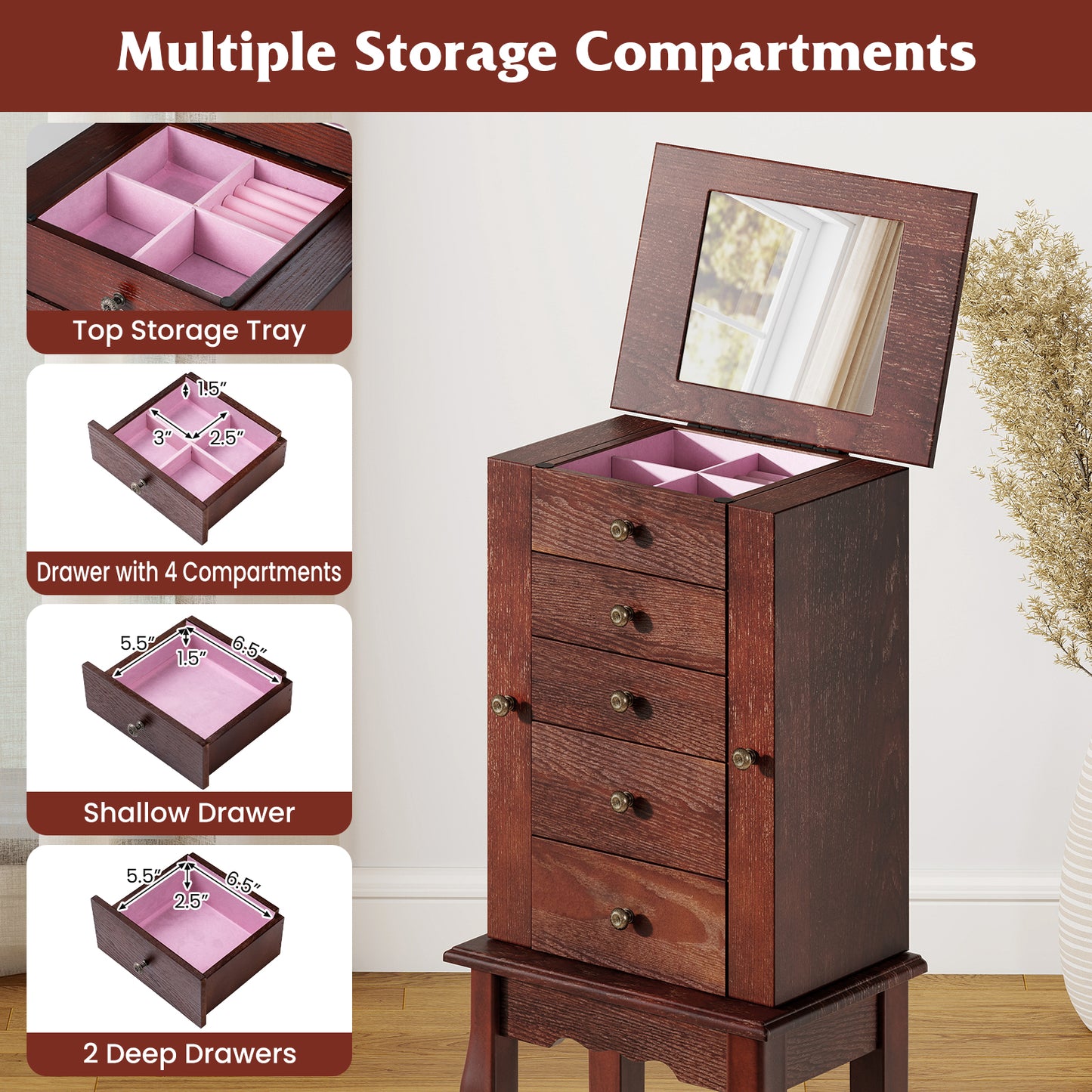 Armoire Storage Standing Jewelry Cabinet With Mirror, Brown Jewelry Armoires at Gallery Canada