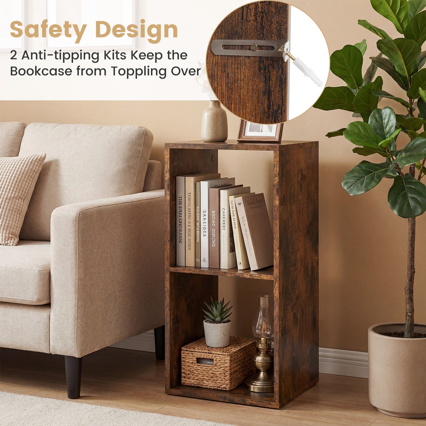 2 Cube Bookshelf with Back Guardrail for Living Room Bedroom, Rustic Brown Bookcases at Gallery Canada