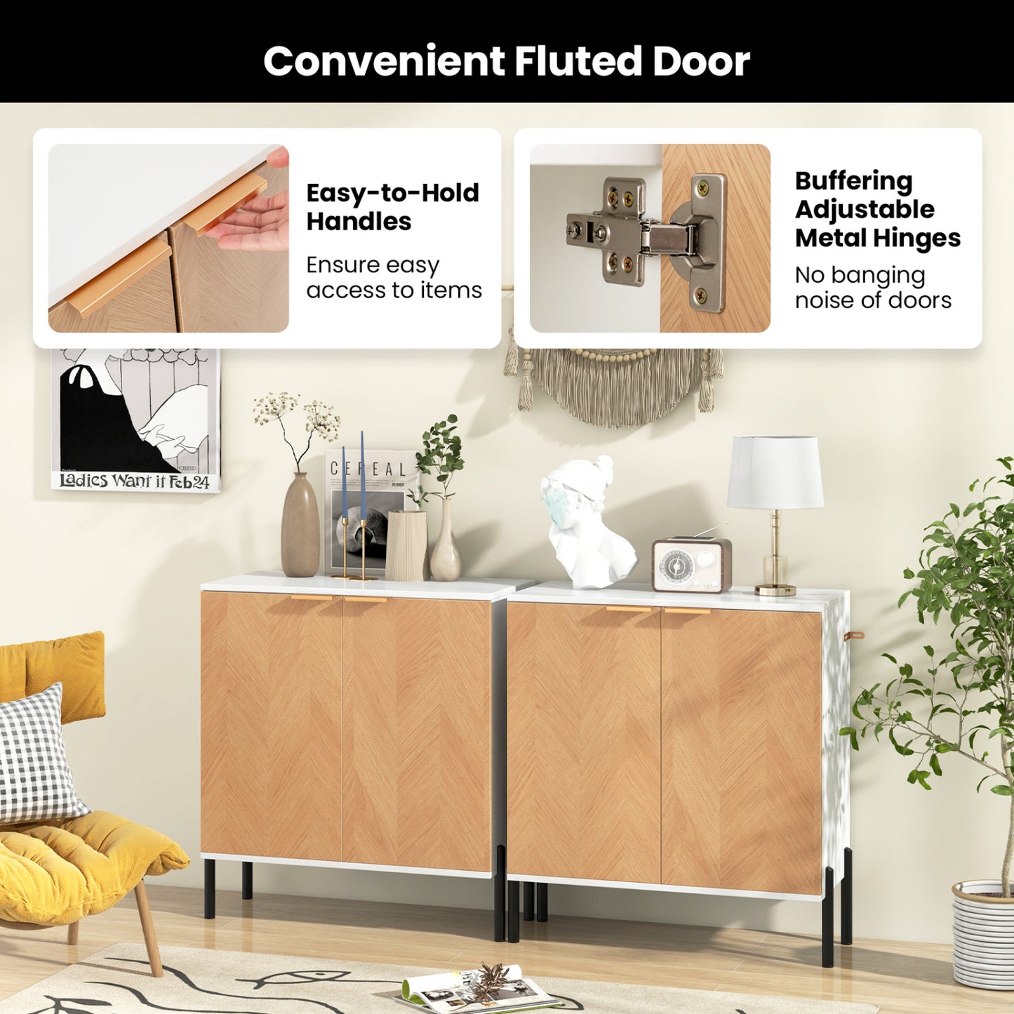 Buffet 2 portes avec étagère, pieds métalliques, bois naturel, blanc