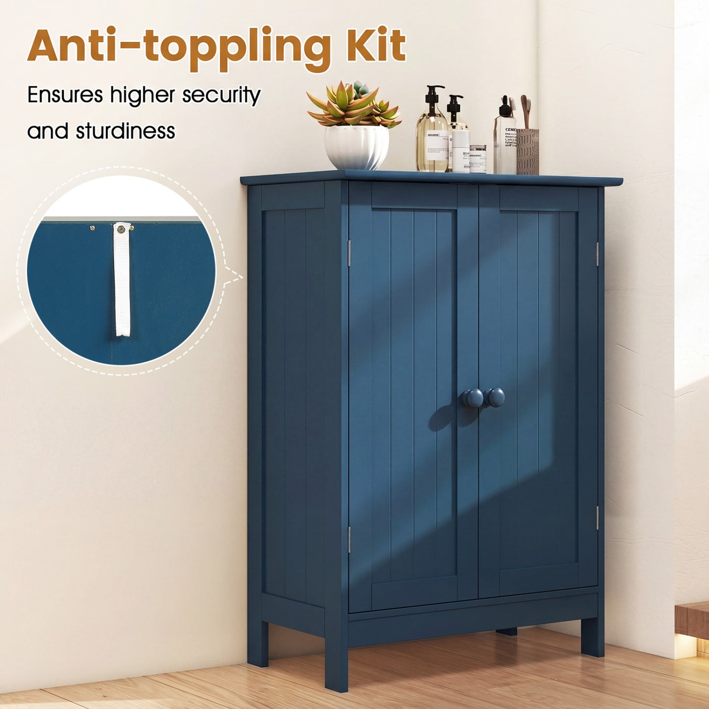 2-Door Freestanding Wooden Bathroom Cabinet, Adjustable Shelf, Blue Floor Cabinets at Gallery Canada