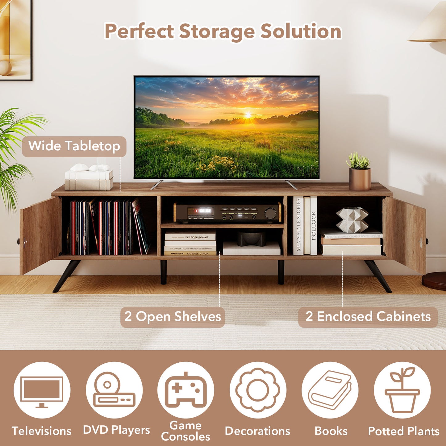 2-Door TV Stand for TVs up to 65 Inch with Open Shelves, Oak