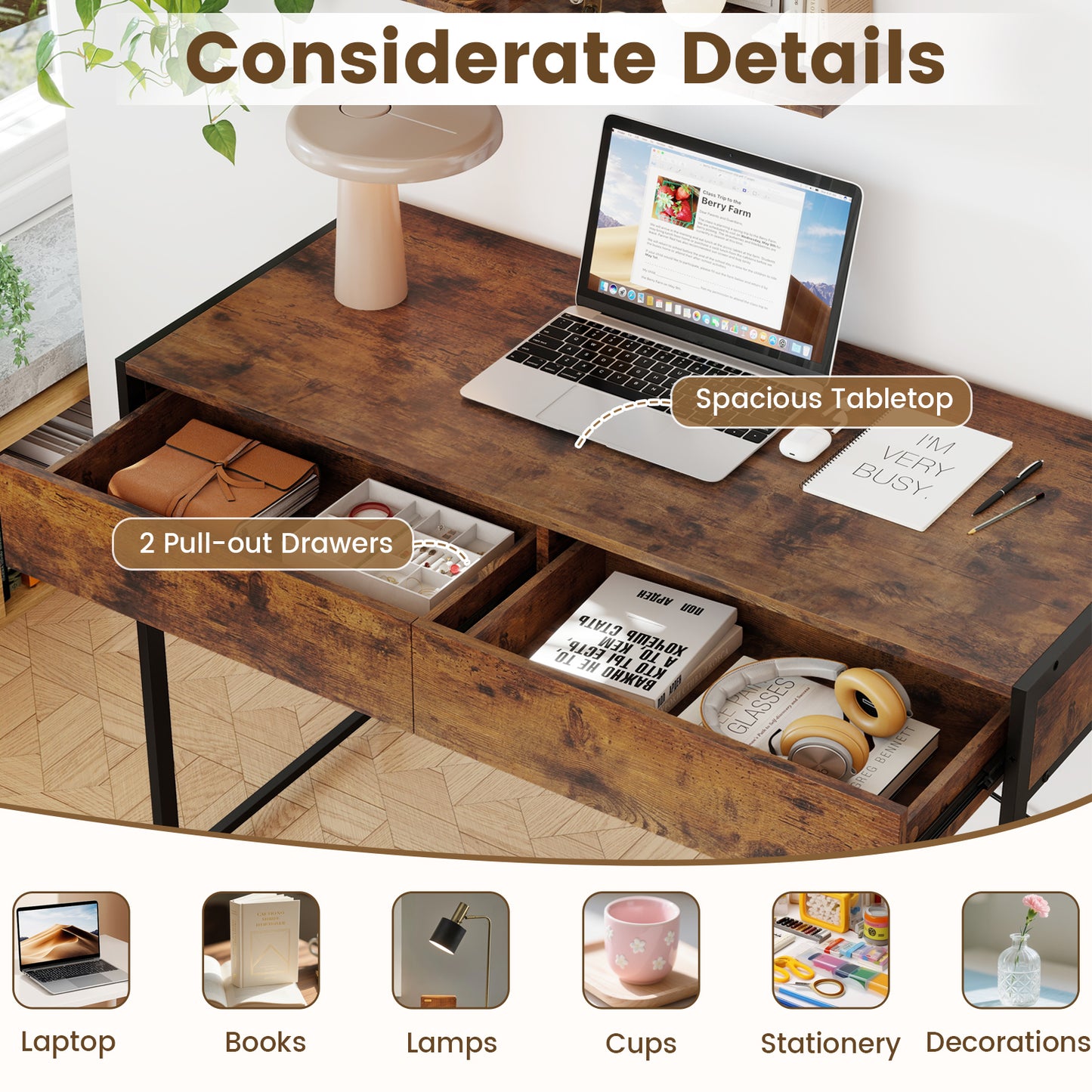 2-Drawer Home Office Desk, Steel Frame, Brown Writing Desks at Gallery Canada