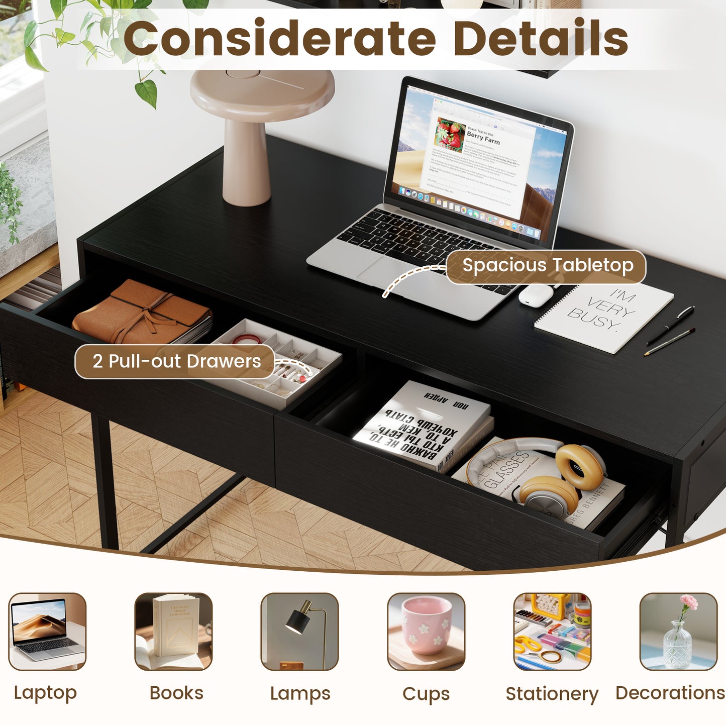 2-Drawer Home Office Desk, Steel Frame, Black Writing Desks at Gallery Canada