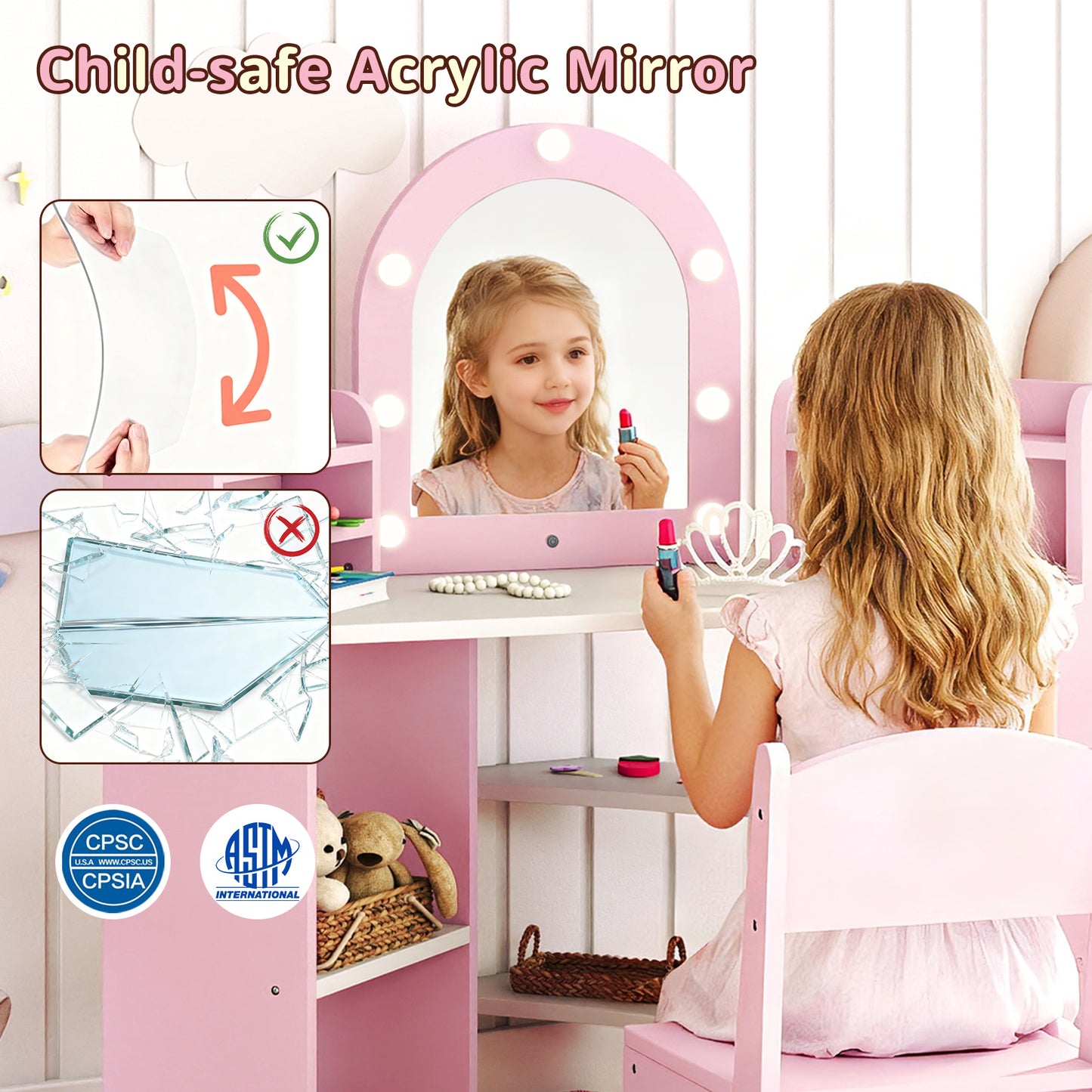 2-In-1 Kids Vanity Set with Lights for Toddlers 3+ Years Old, Pink Kids Vanities at Gallery Canada