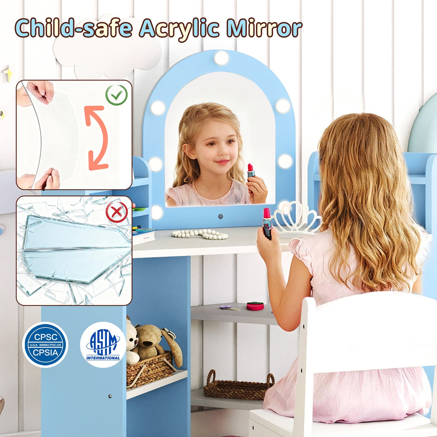 2-In-1 Kids Vanity Set with Lights for Toddlers 3+ Years Old, White