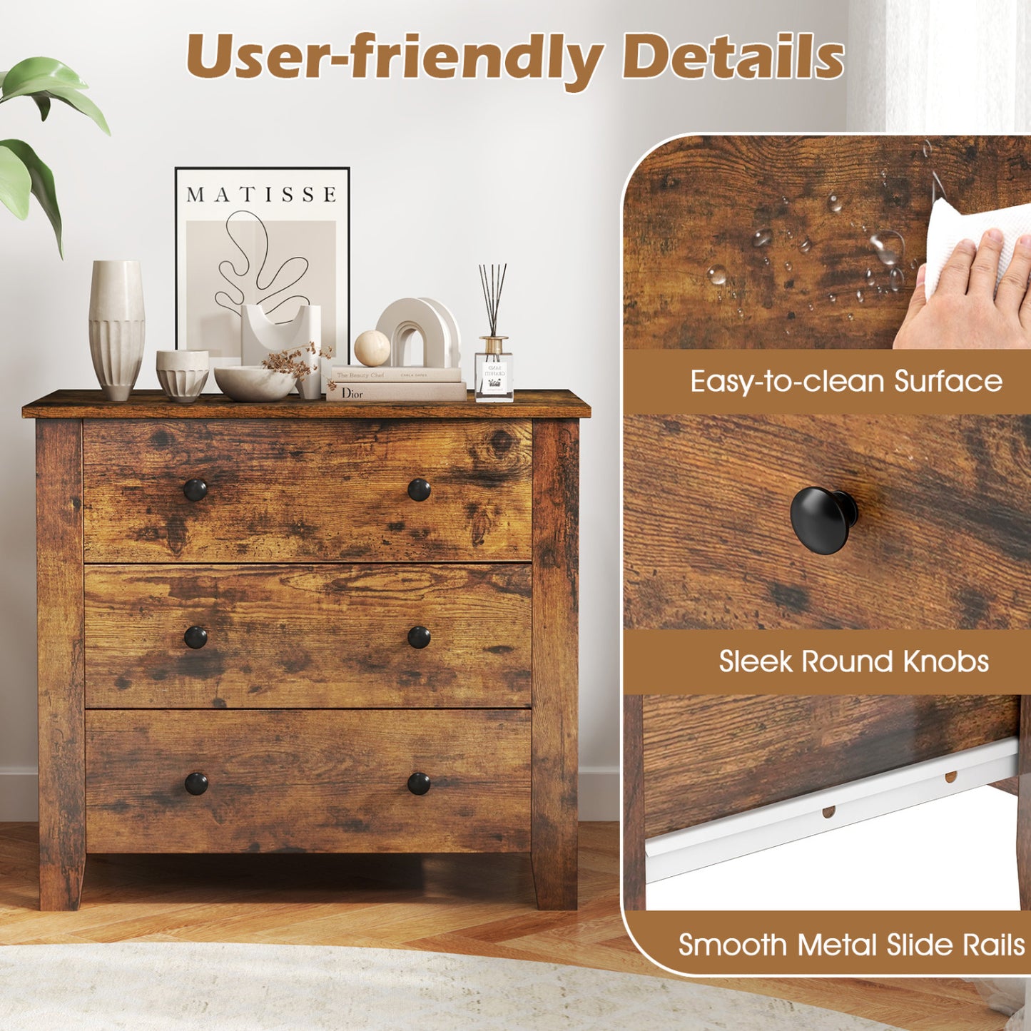 2-Pack 3 Drawer Dresser, Bedside Table, Brown