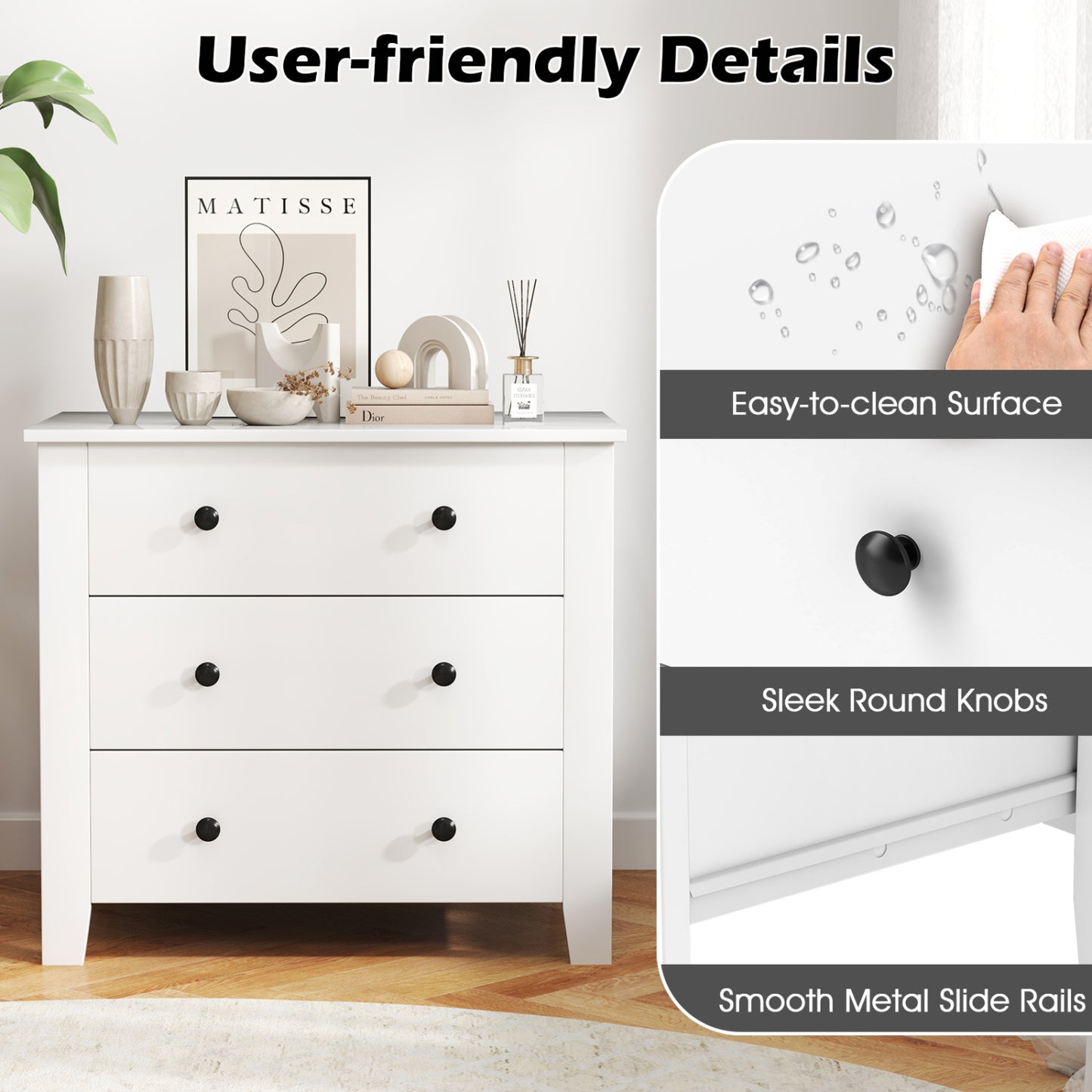 2-Pack 3 Drawer Dresser Chest, Bedside Table, White