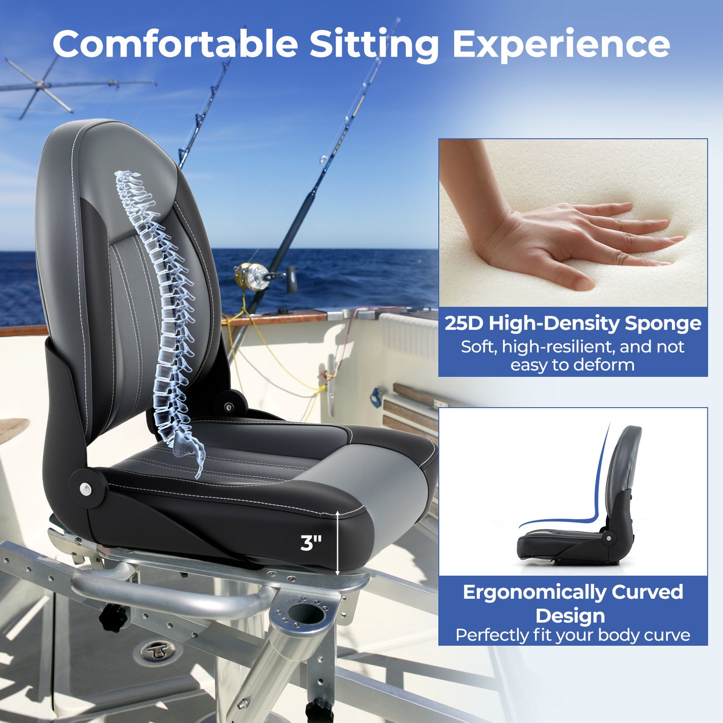 2-Pack Folding High Back Boat Chairs with Sponge Padding and Fixing Bolts-BK, Black Surfing at Gallery Canada