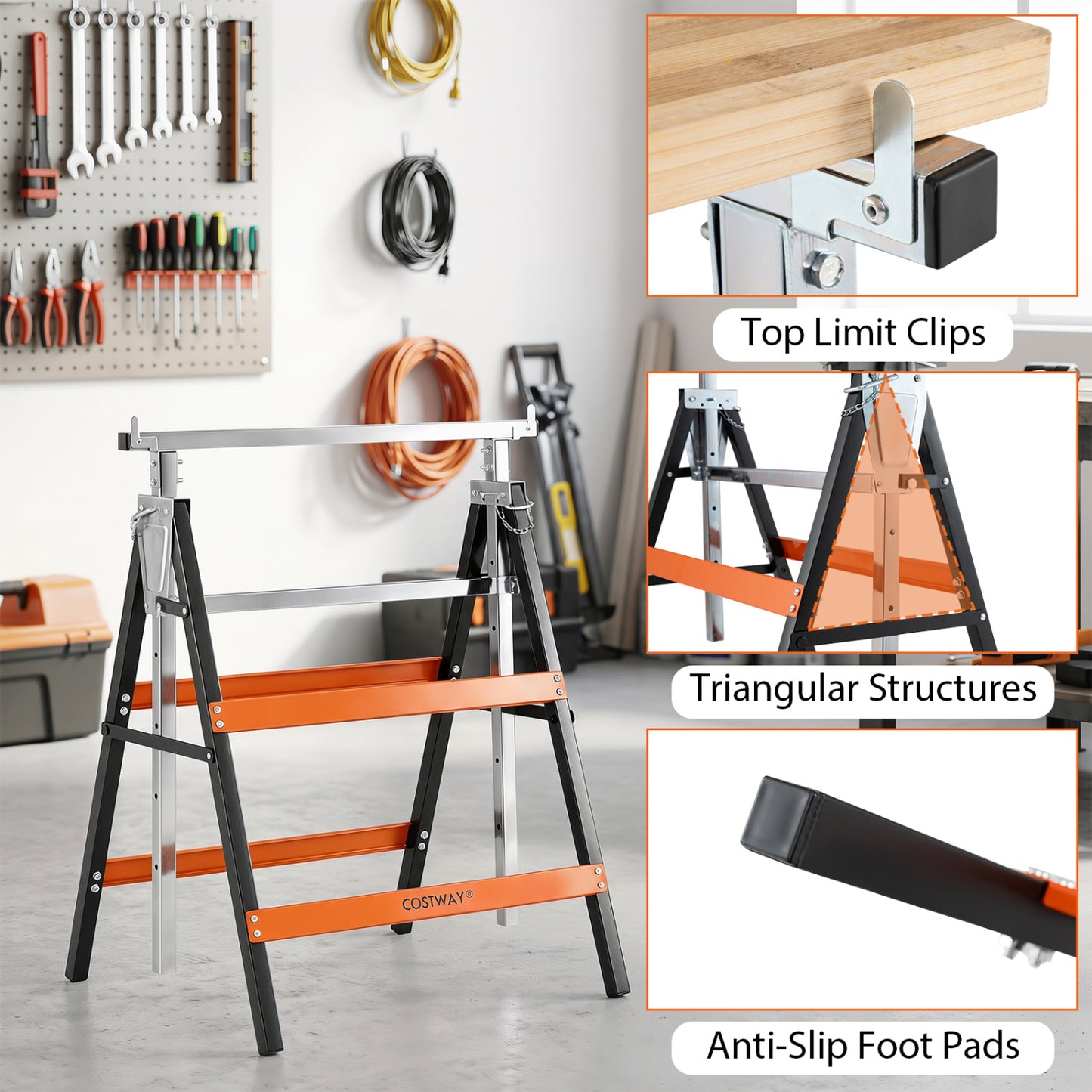 Metal Folding Saw Horses, Adjustable Height, 2-Pack, Orange Garages at Gallery Canada