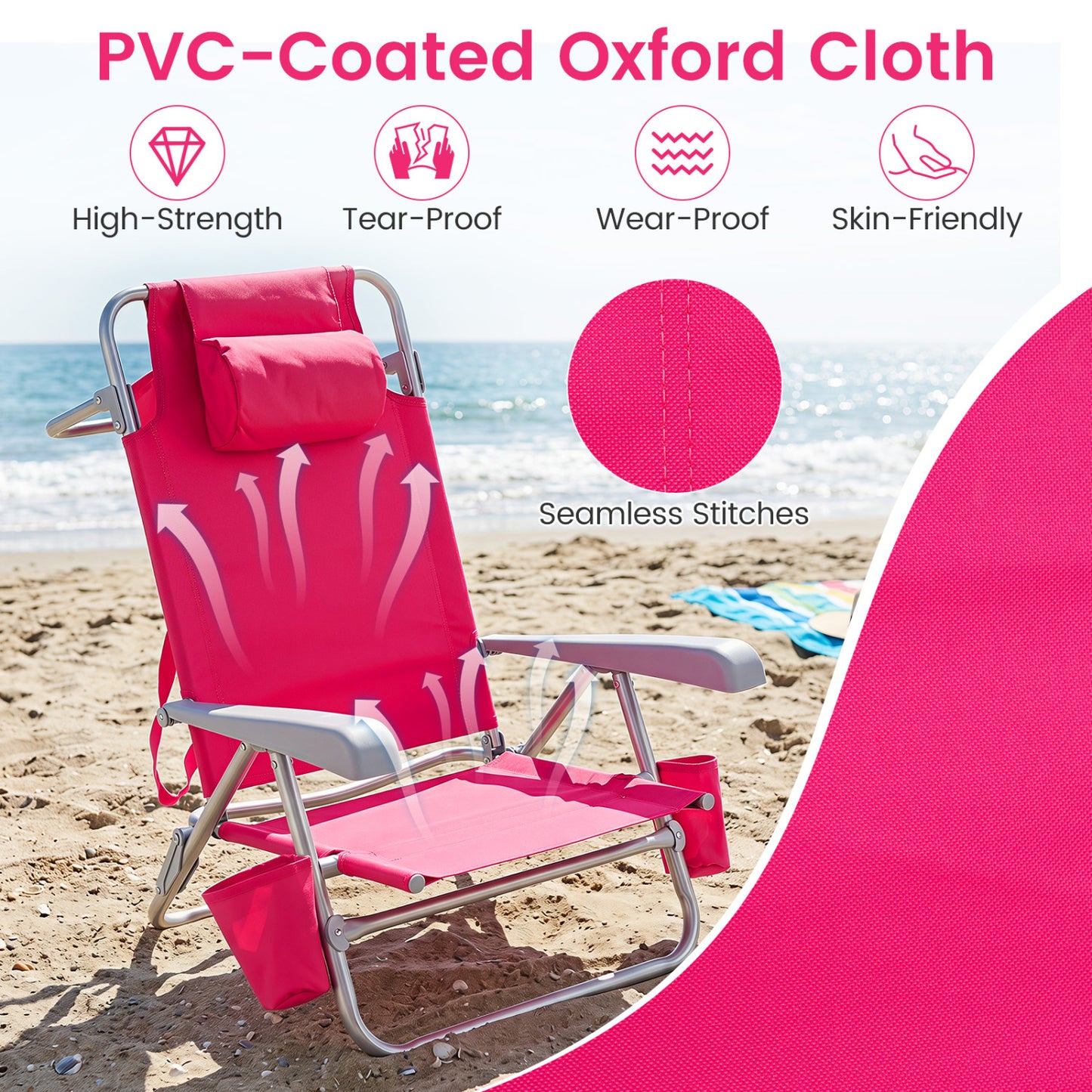 2 Pack Chaise de plage pliante portable, 7 positions, Rose