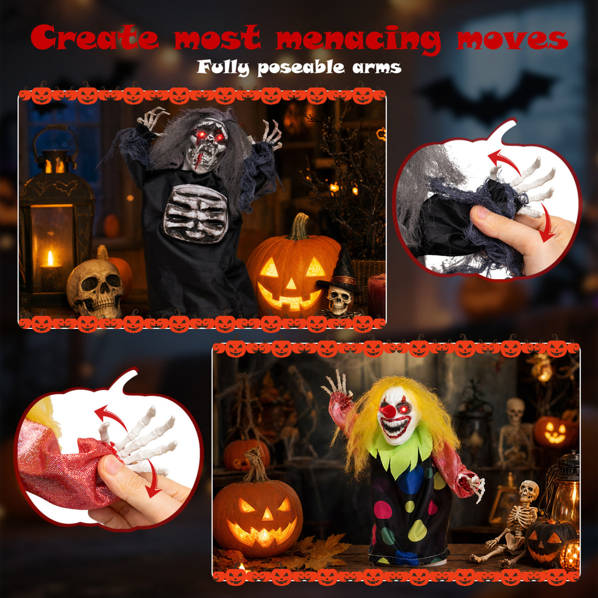 2 Pcs Halloween Animatronic Clown Reaper Tabletop Decor