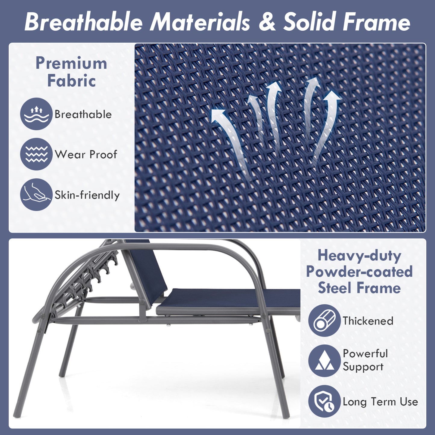 2 Pcs Outdoor Patio Lounge Chair, Adjustable Reclining Armrest, Navy Outdoor Chaise Lounges at Gallery Canada