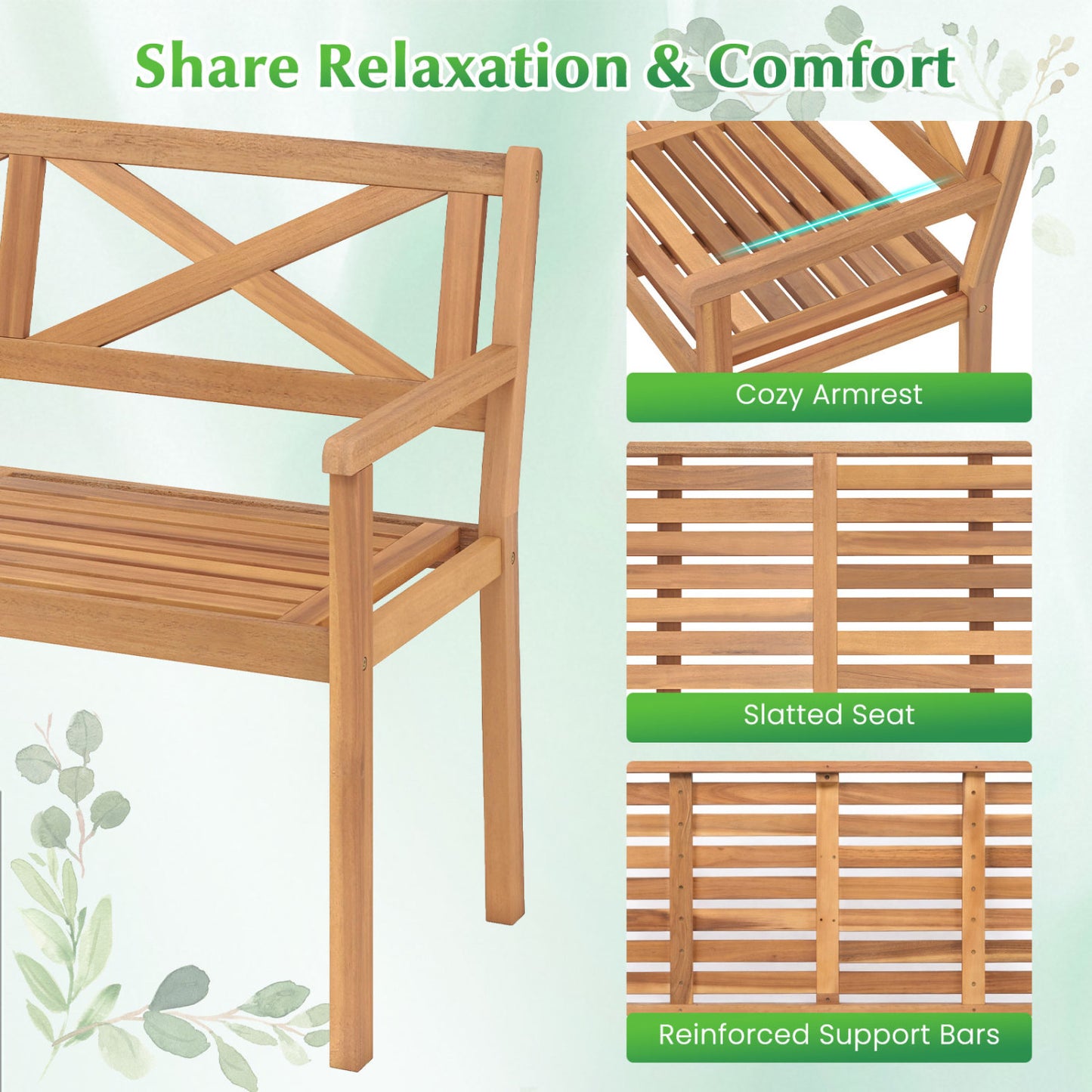 2-Person Patio Acacia Wood Chair with Armrests, Teak Outdoor Benches at Gallery Canada