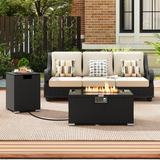32 Inch Rectangle Gas Fire Table Set, 2-Piece Rattan Outdoor, Black Fire Pit Tables Black at Gallery Canada
