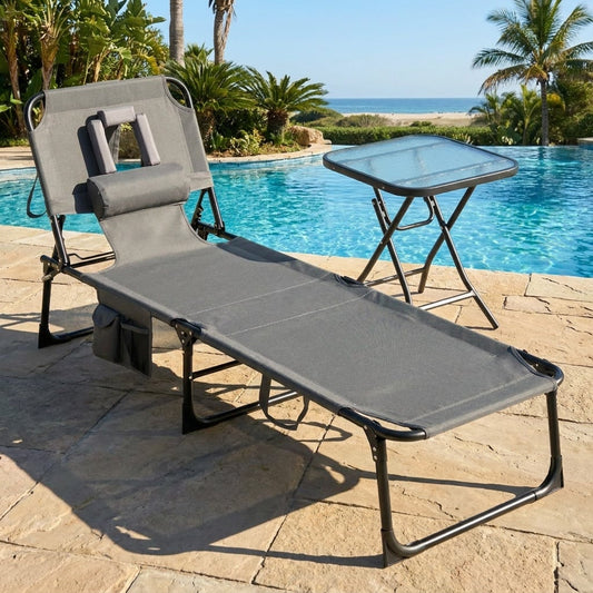 2-Piece Outdoor Tanning Chair & Side Table Set, Folding Lounge Chair Outdoor Chaise Lounges Gray at Gallery Canada