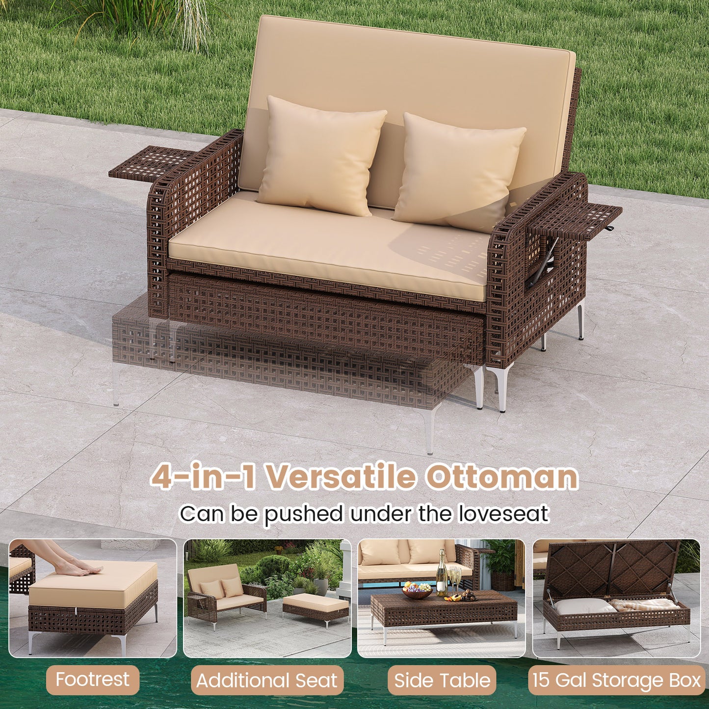 Patio Rattan Daybed Loveseat Ottoman, Adjustable Backrest, Brown Outdoor Sectionals at Gallery Canada