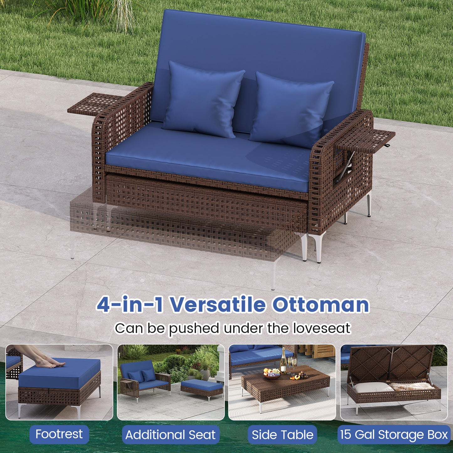 Patio Rattan Daybed Loveseat Ottoman, Adjustable Backrest, Navy Outdoor Sectionals at Gallery Canada