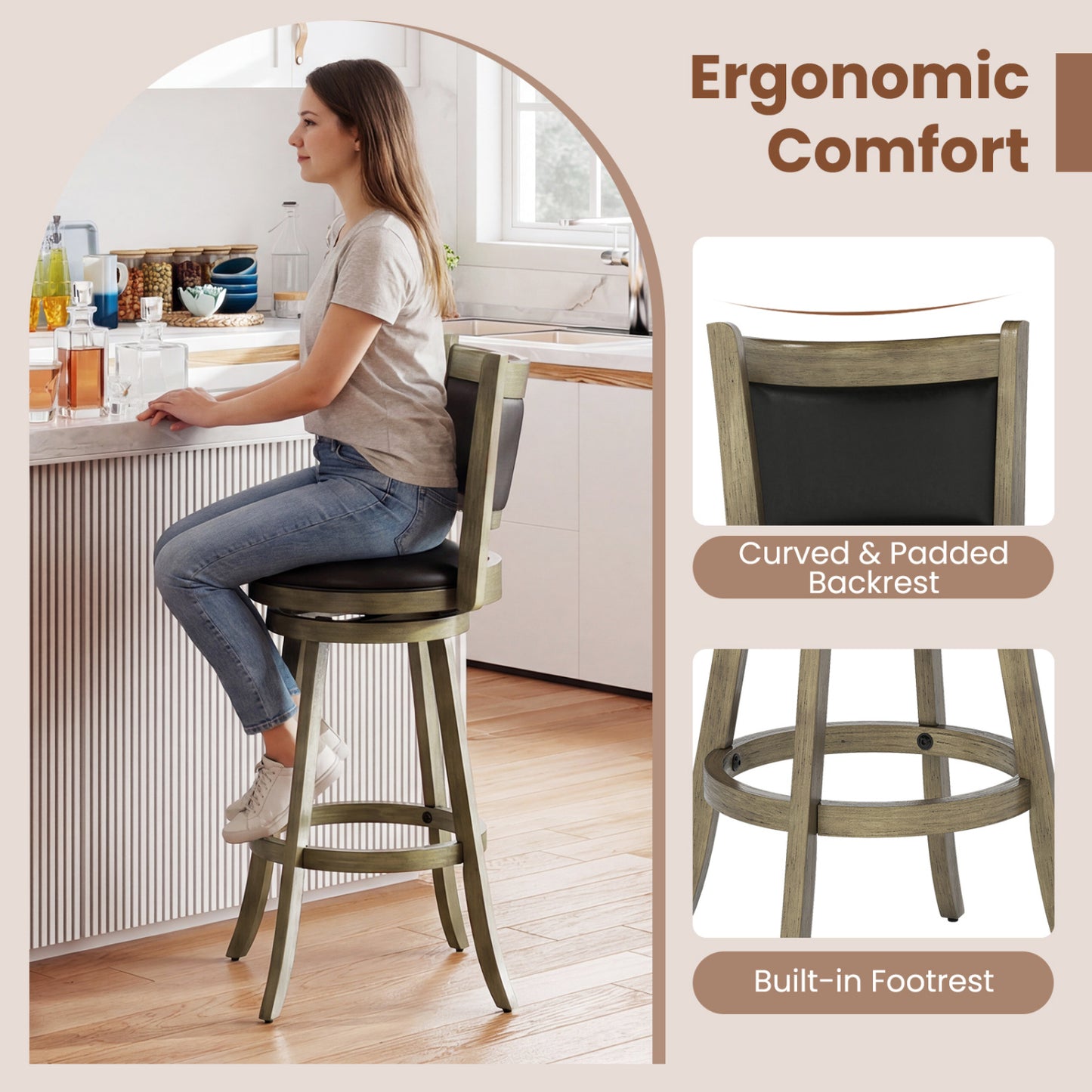 29 Inch Wooden Swivel Bar Stool, PVC Cushioned Seat, Gray Bar Stools at Gallery Canada