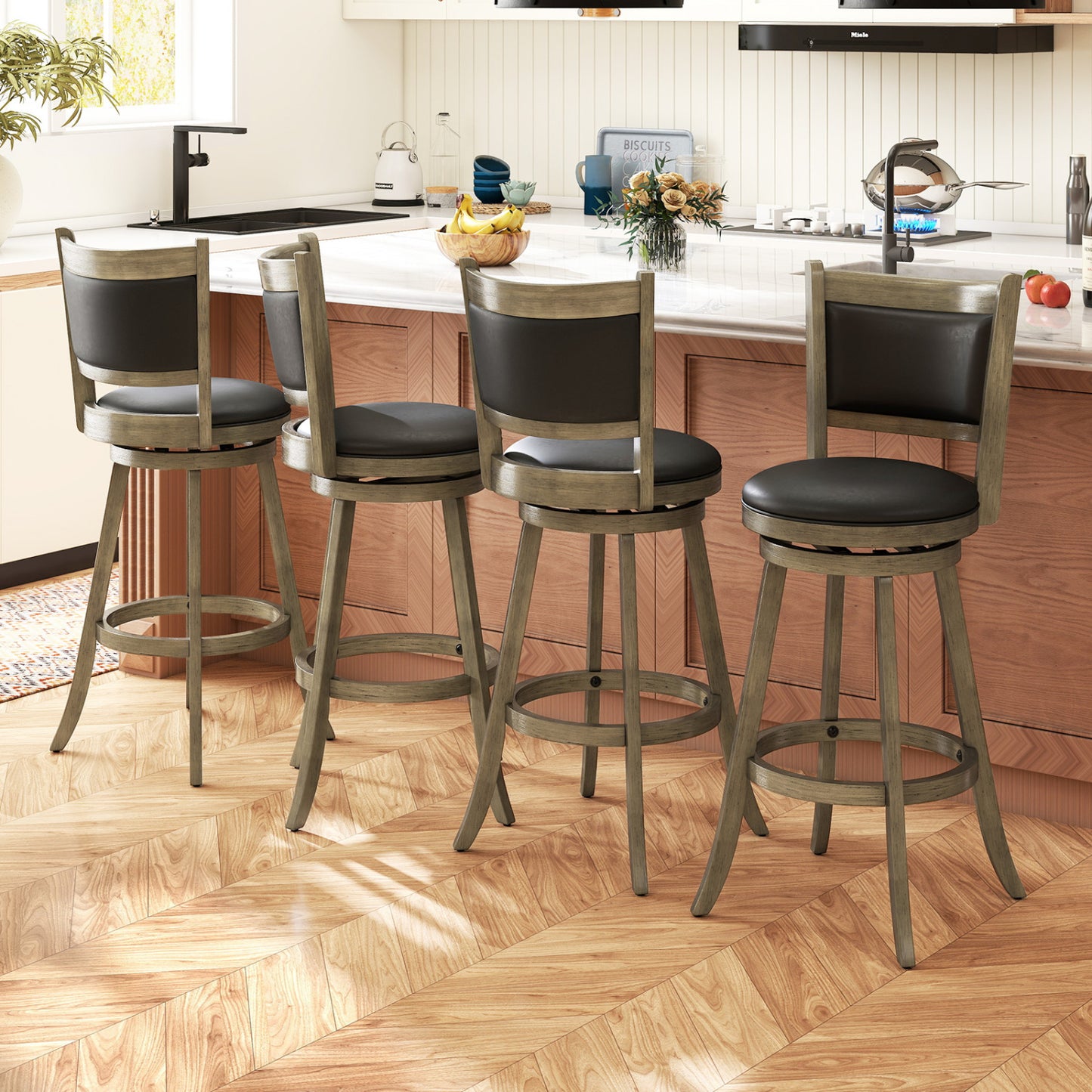 29 Inch Wooden Swivel Bar Stool, PVC Cushioned Seat, Gray Bar Stools at Gallery Canada