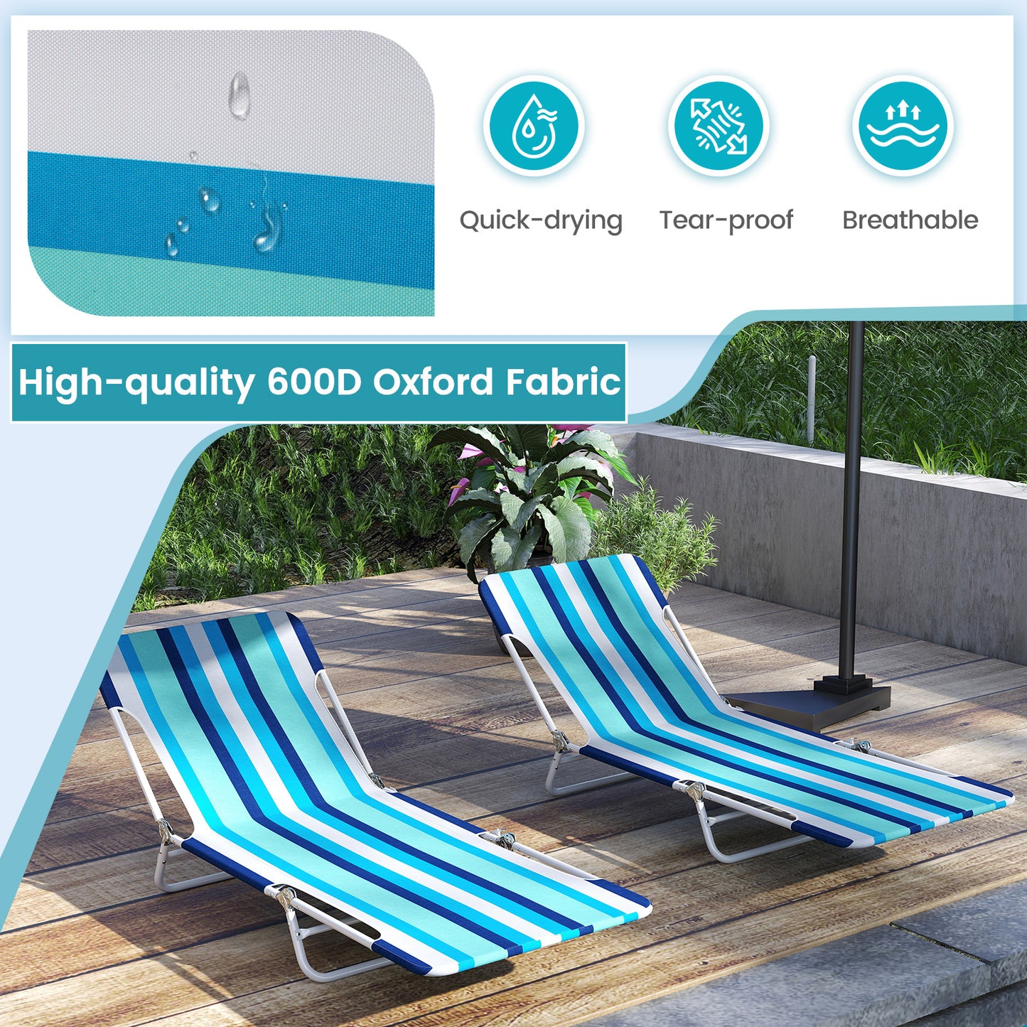 2 Pieces 5-position Lay Flat Beach Recliner with Carry Strap and Metal Frame, Blue Beach & Lawn Chairs at Gallery Canada