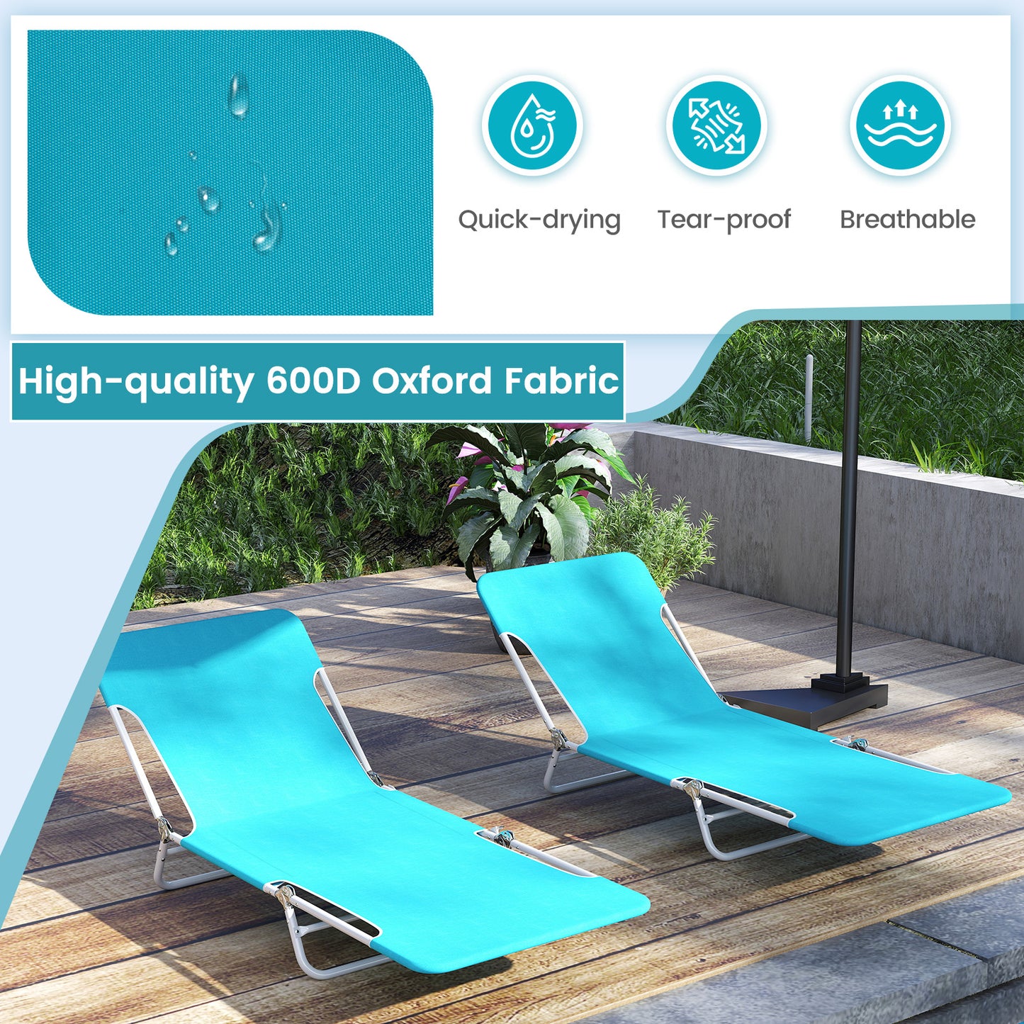 2 Pieces 5-position Lay Flat Beach Recliner with Carry Strap and Metal Frame, Turquoise Beach & Lawn Chairs at Gallery Canada