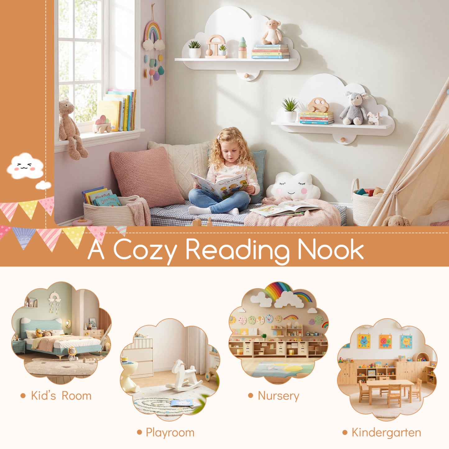Floating Cloud Shelves, Wall Mounted Storage Display Rack, White Kids Storage at Gallery Canada