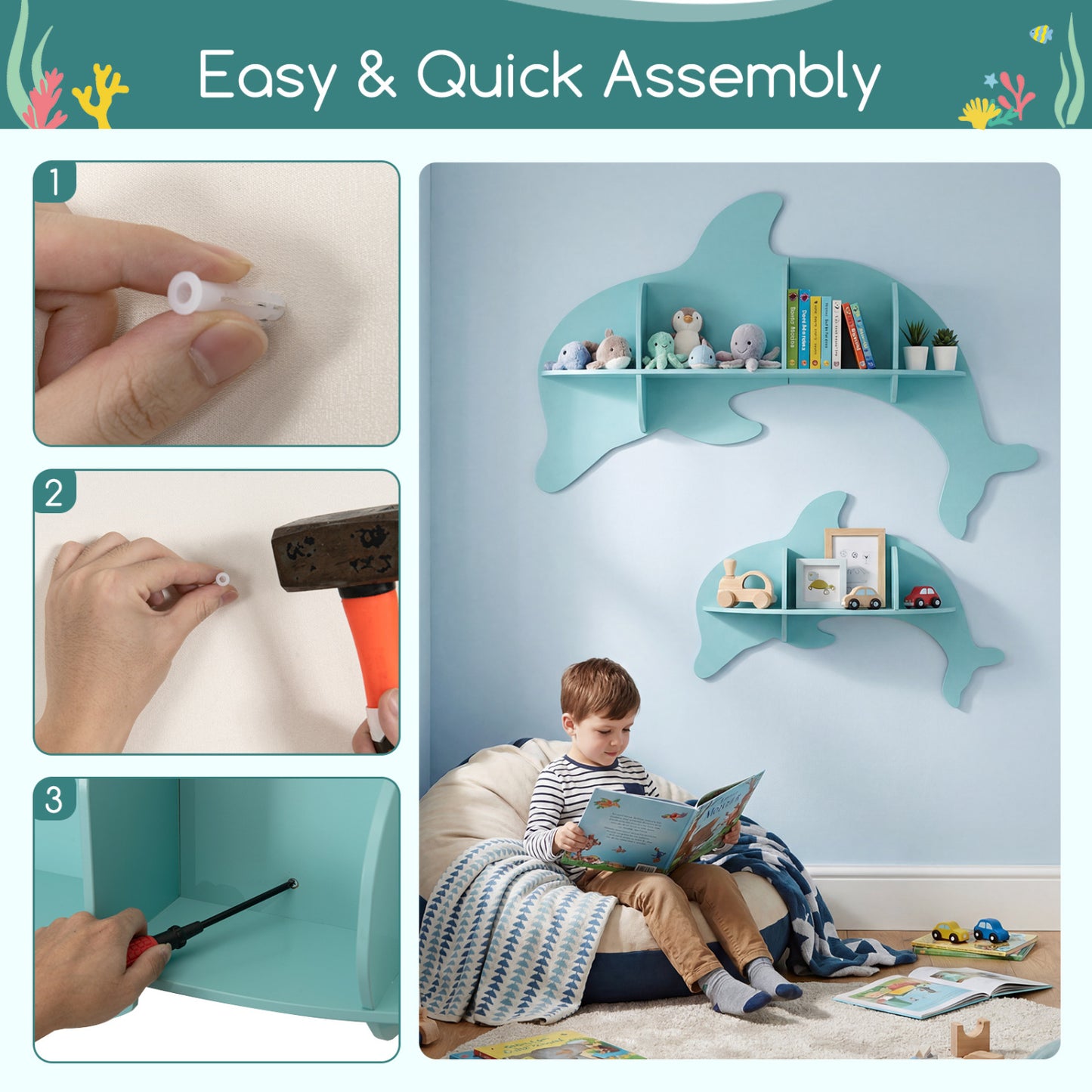 Floating Dolphin Shelves, Wall Mounted Display Rack, Blue Kids Storage at Gallery Canada
