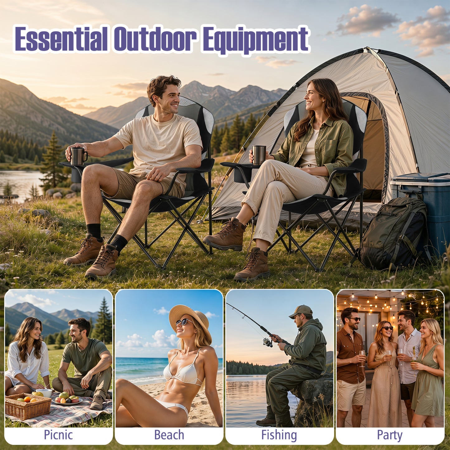 Folding Camping Chairs for Adults with Cup Holders, 2-Piece, Black Beach & Lawn Chairs at Gallery Canada