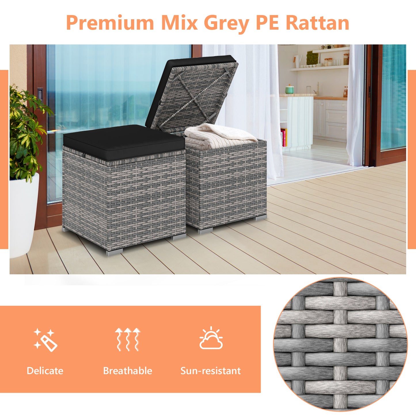 2 Pieces Patio Ottoman with Hidden Storage Space-Mix Grey-black, Mix Grey-black Outdoor Seating & Patio Chairs at Gallery Canada