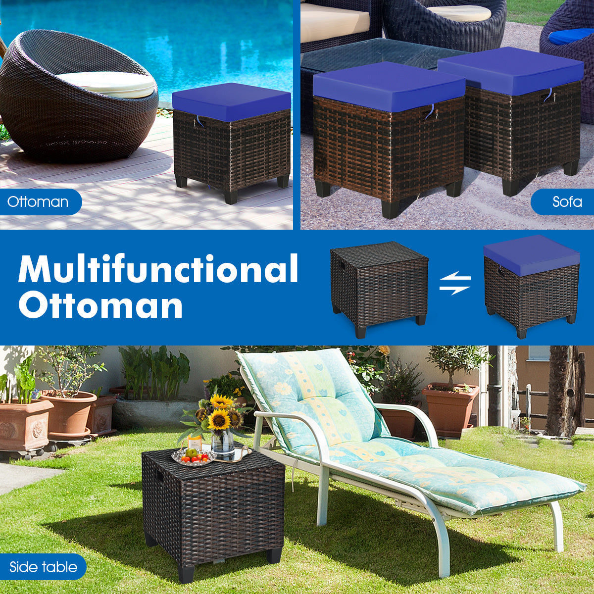 Patio Rattan Ottoman Set, 2 Pieces, Removable Cushions, Navy Outdoor Seating & Patio Chairs at Gallery Canada
