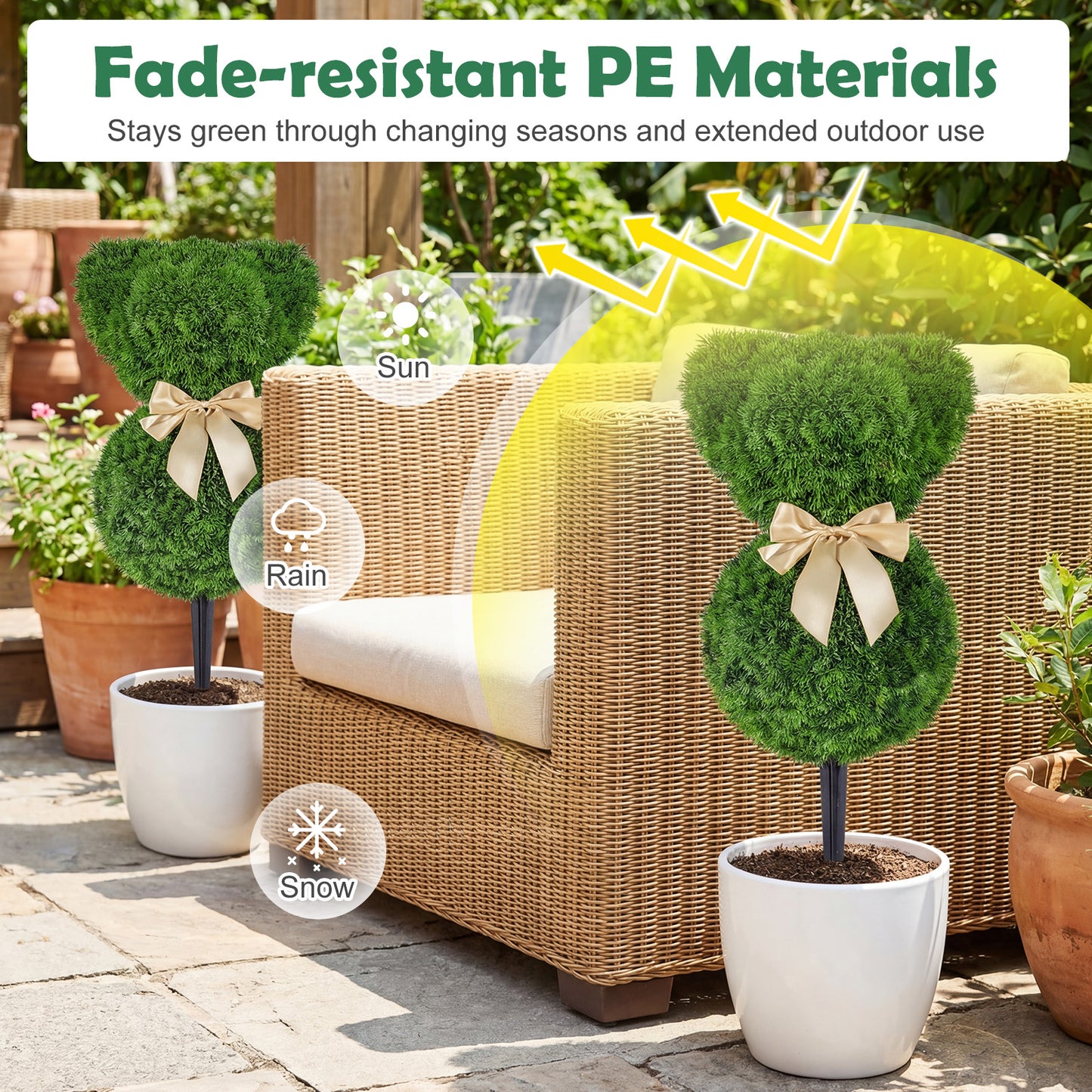 2 Teddy Bear Topiary Trees, Sun-Resistant Faux Boxwood Plants With Bowknot Faux Plants at Gallery Canada