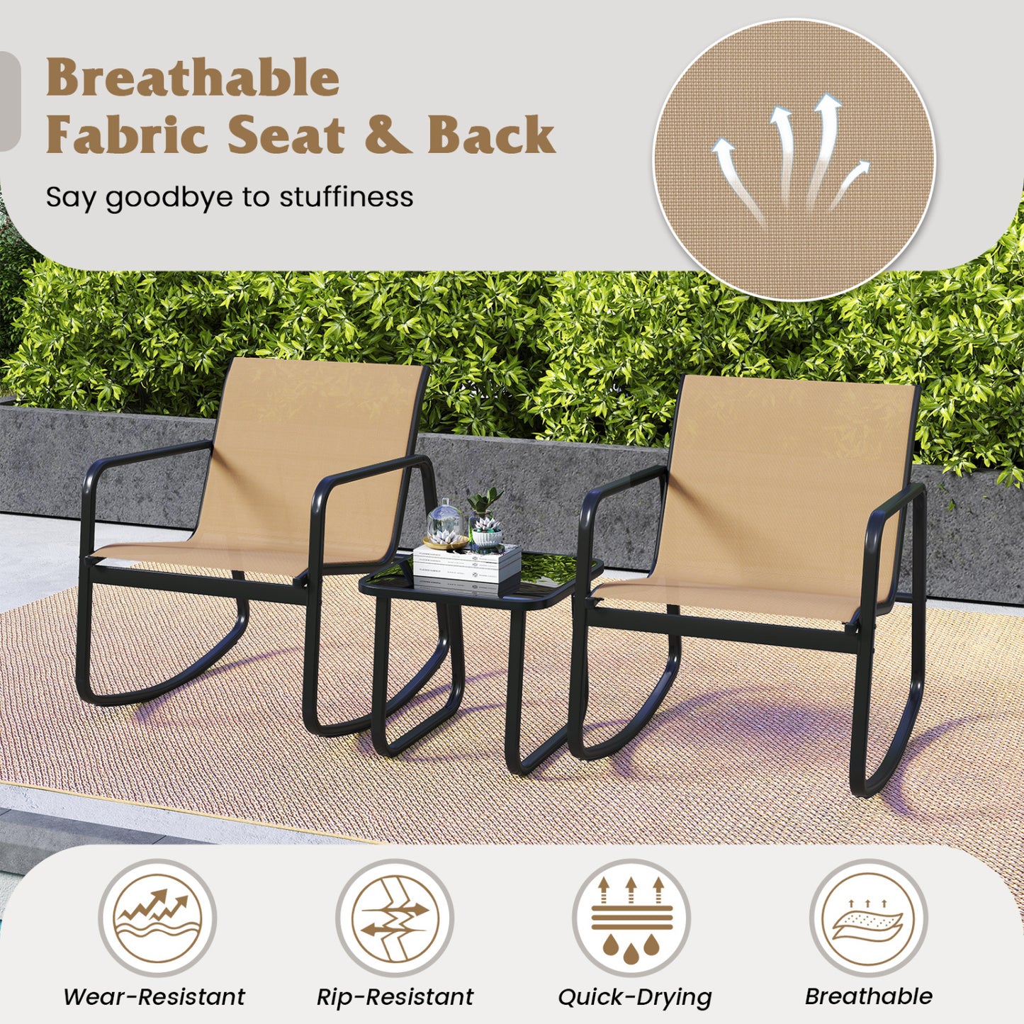 2 Rocking Bistro Chairs with Glass-Top Table, Brown