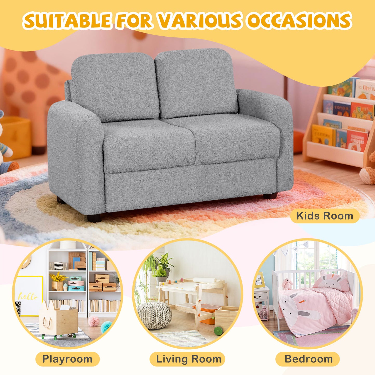 Kids Sofa, 2-Seat, Soft Teddy Fleece, Solid Wood Frame, Gray Kids Chairs & Seating at Gallery Canada