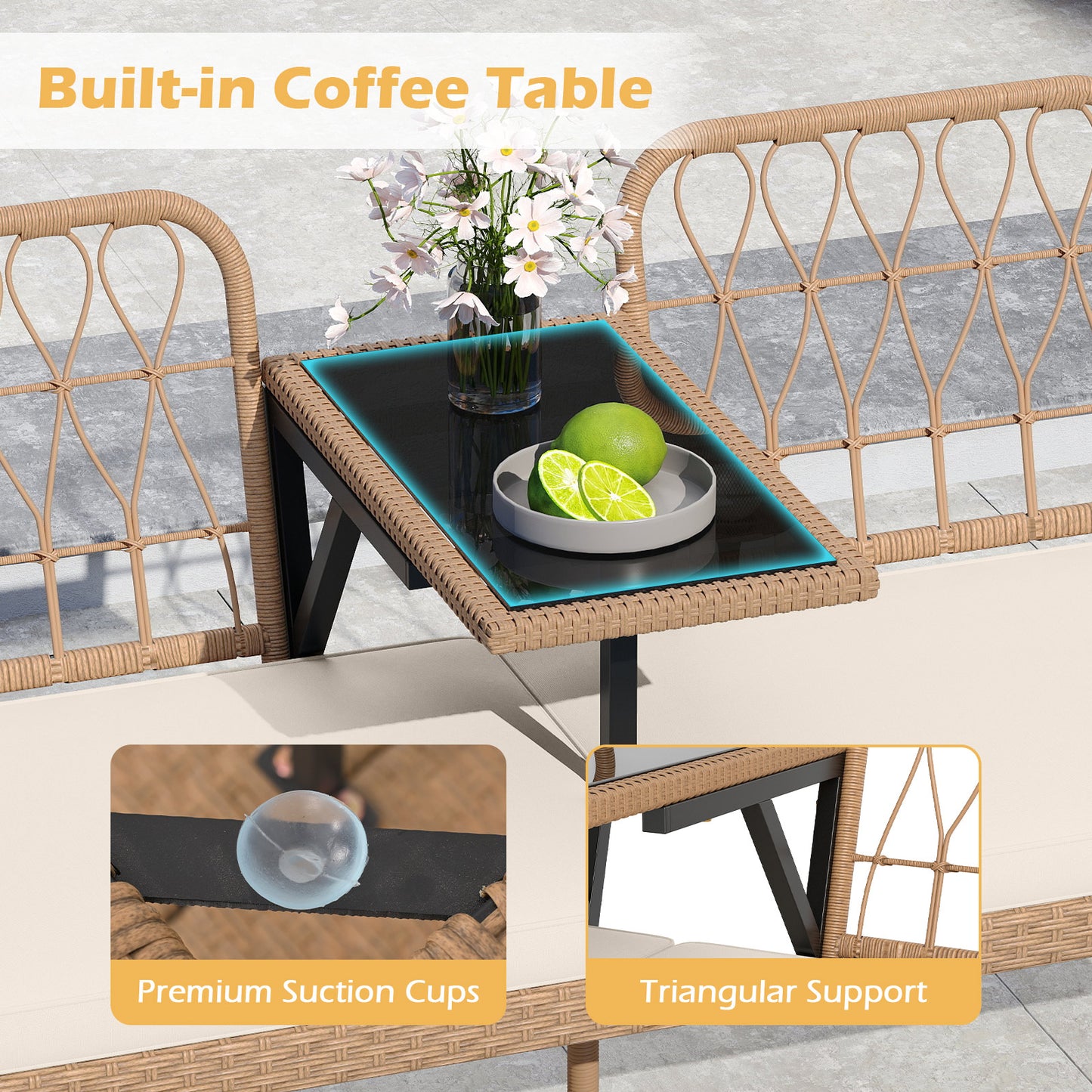 2-Seat PE Rattan Outdoor Loveseat with Built-in Coffee Table and Soft Cushions, White Outdoor Benches at Gallery Canada