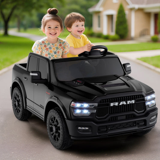 2 Seater 24V Ride on Toy for Big Kids Licensed Ram Truck with Remote and Music, Black Powered Ride On Toys Black at Gallery Canada
