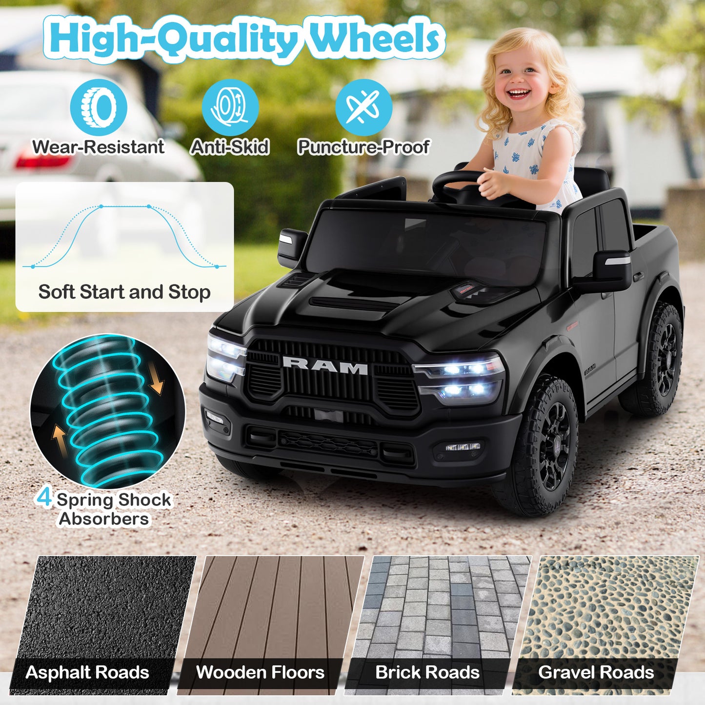 2 Seater 24V Ride on Toy for Big Kids Licensed Ram Truck with Remote and Music, Black Powered Ride On Toys at Gallery Canada