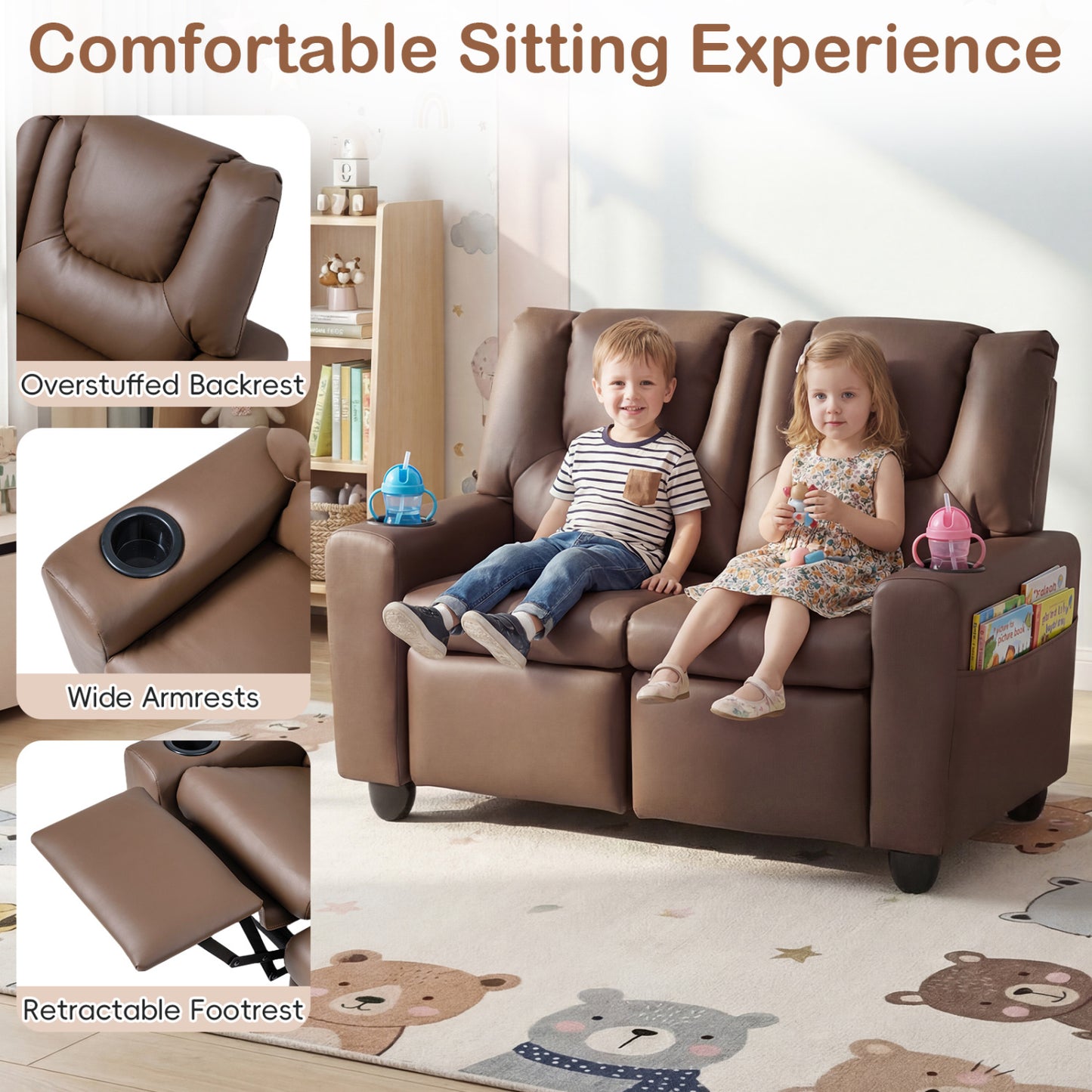 2-Seater Kids Recliner Sofa with Cup Holders, Brown Kids Chairs & Seating at Gallery Canada