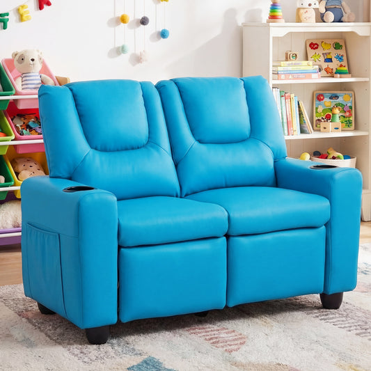 2-Seater Kids Recliner Double Toddler Sofa with 2 Cup Holders, Blue Kids Chairs & Seating Blue at Gallery Canada