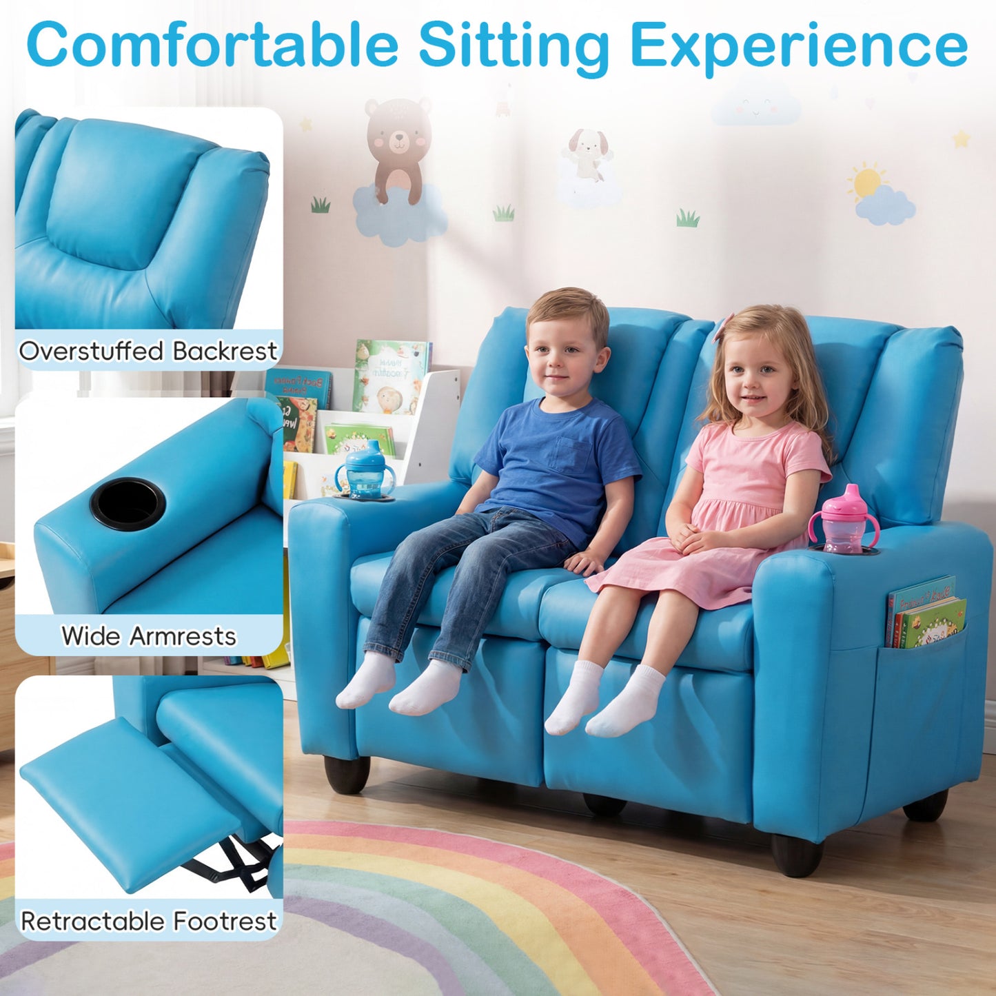 2-Seater Kids Recliner Double Toddler Sofa with 2 Cup Holders, Blue Kids Chairs & Seating at Gallery Canada